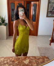 House of cb Chartreuse Custom Hand Beaded Embellished Mini Dress - Limited Edition