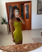 House of cb Chartreuse Custom Hand Beaded Embellished Mini Dress - Limited Edition