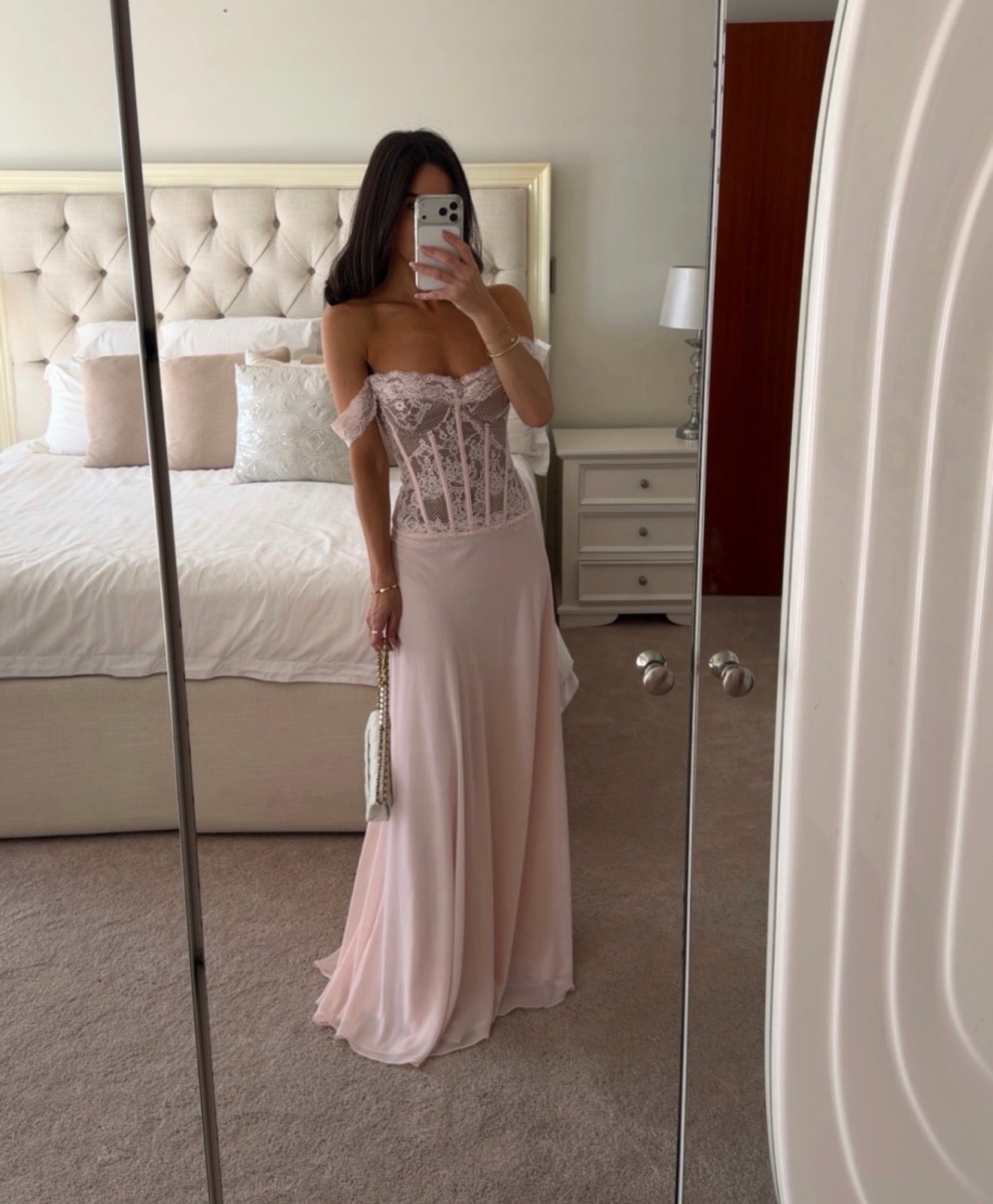 House of CB Nerina Pink Lace + Georgette Corset Maxi Dress