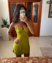 House of cb Chartreuse Custom Hand Beaded Embellished Mini Dress - Limited Edition