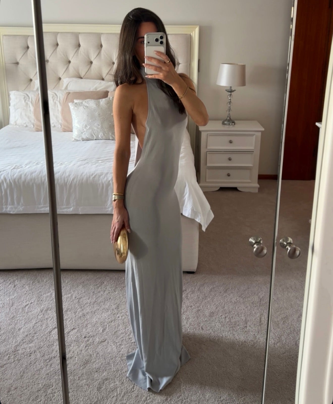 House of CB Nova silver grey halter neck backless maxi dress in grey