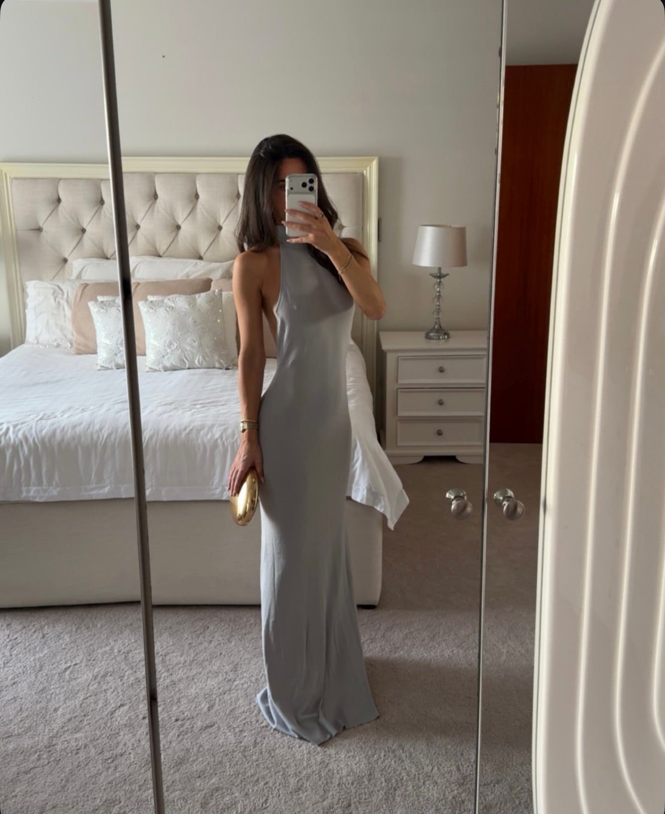 House of CB Nova silver grey halter neck backless maxi dress in grey