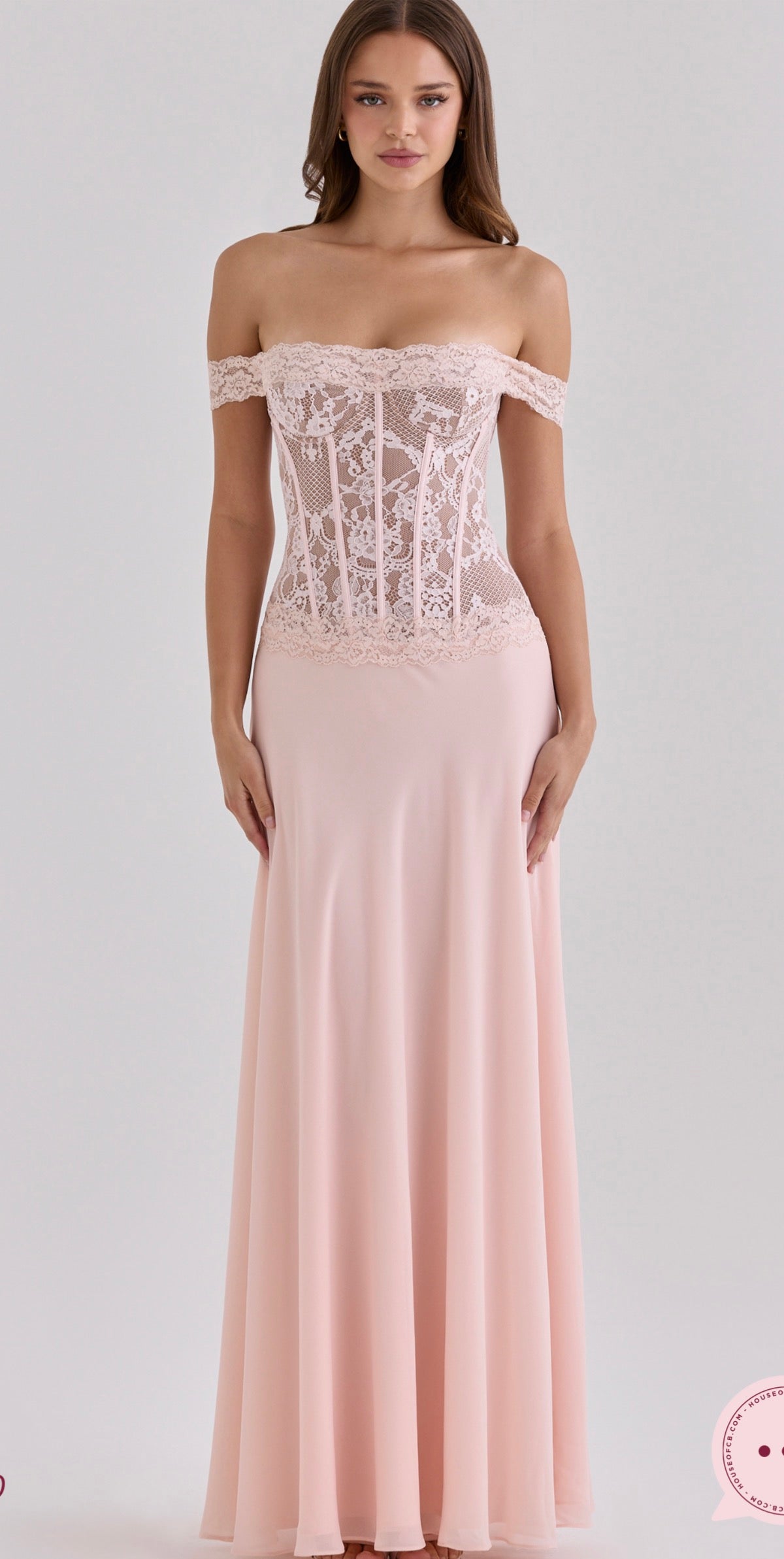 House of CB Nerina Pink Lace + Georgette Corset Maxi Dress