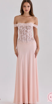 House of CB Nerina Pink Lace + Georgette Corset Maxi Dress
