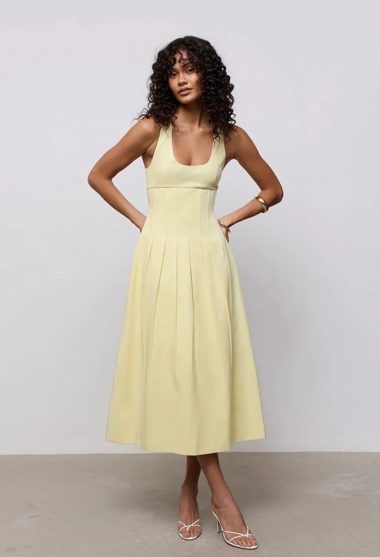 Odd muse Cotton Mix Cinched Midi Dress Lemon