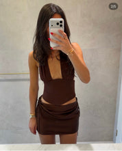 Natalie Rolt Espresso Bronte Top, paired with the Evelyn mini skirt in espresso