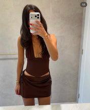 Natalie Rolt Espresso Bronte Top, paired with the Evelyn mini skirt in espresso